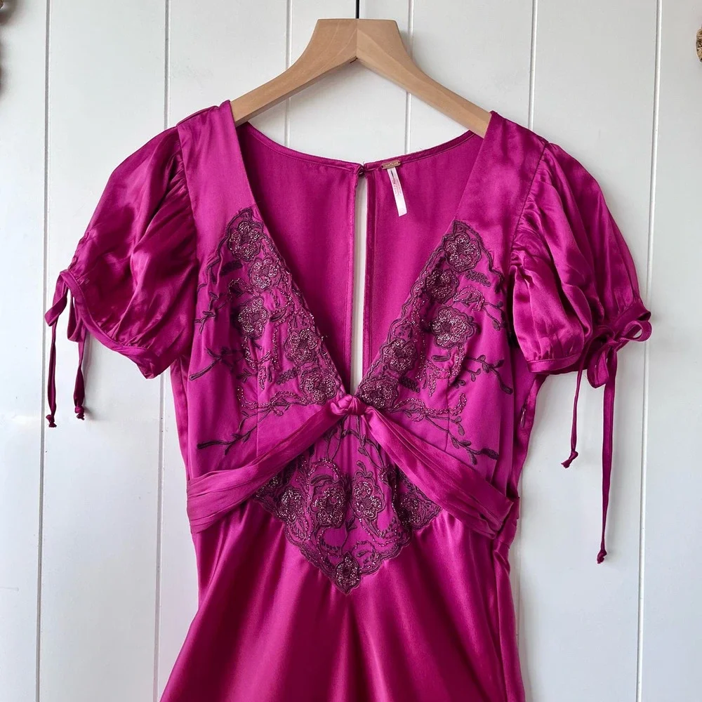 SOLD -D- Free People dress maxi satiny floral embroidered spring cocktail summer - Picture 6 of 6